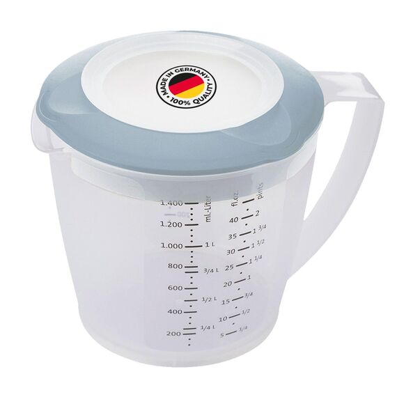 Westmark Rührbecher/Messkanne mit Spritzschutz, Deckel und Ausgießer, Kunststoff, Füllvolumen: 1,4 Liter, Helena, Transparent/Blau, 3105227B, 1 – Pack