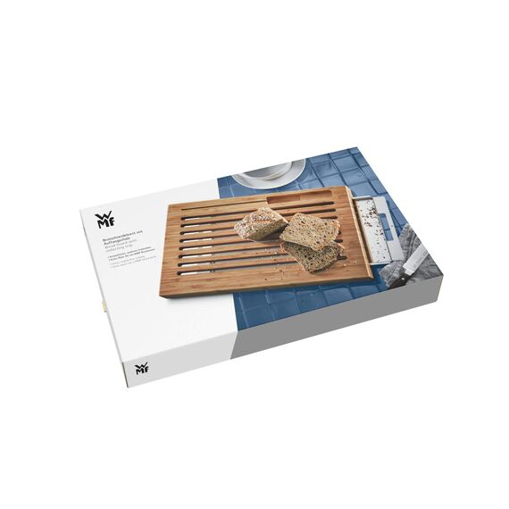 WMF Brotschneidebrett mit Krümelfang, Schneidebrett mit Auffangschale 44 x 27 x 4,8 cm, Schneidebrett Holz mit Krümmelschale, Bambus, Gitterform, klingenschonend