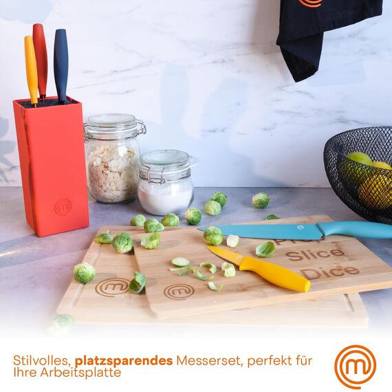 MasterChef Messerblock mit Messer, Messerset mit Block, Scharfe Messer Set mit Küchenmesser, Kochmesser, Brotmesser, Schälmesser & Allzweckmesser, Edelstahlklingen, Softgriff, 6-teilig, Mehrfarbig