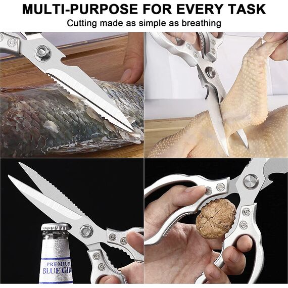 CGBE Küchenschere, Haushaltsschere aus Edelstahl, Strapazierfähig, Spülmaschinenfest, Allzweckschere, Scharfe Kochschere für Küche, Huhn, Geflügel, Fisch, Fleisch, Kräuter, Silber