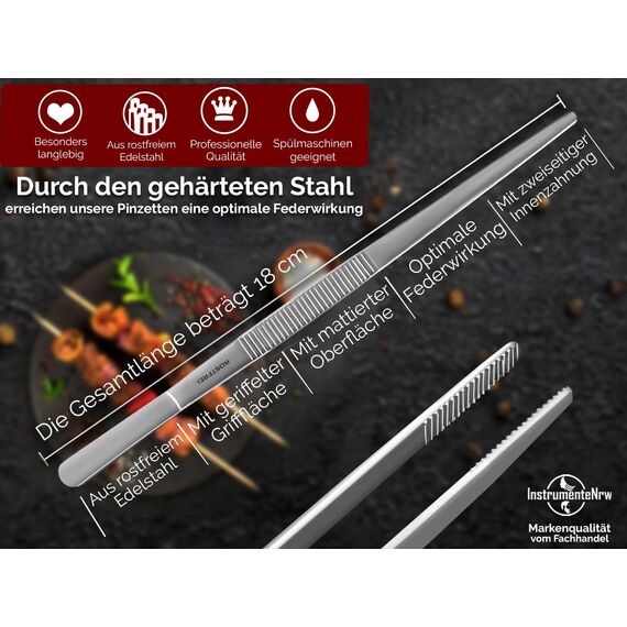 Küchenpinzette, Grillpinzette, Kochpinzette, Pinzette Edelstahl Gerade (18,0 cm) Silber