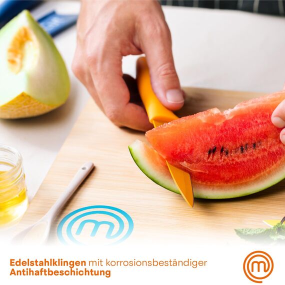 MasterChef Messerblock mit Messer, Messerset mit Block, Scharfe Messer Set mit Küchenmesser, Kochmesser, Brotmesser, Schälmesser & Allzweckmesser, Edelstahlklingen, Softgriff, 6-teilig, Mehrfarbig