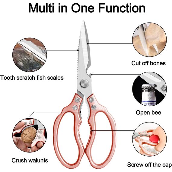 CGBE Küchenschere, Haushaltsschere aus Edelstahl, Strapazierfähig, Spülmaschinenfest, Allzweckschere, Scharfe Kochschere für Küche, Huhn, Geflügel, Fisch, Fleisch, Kräuter, Rosa Gold