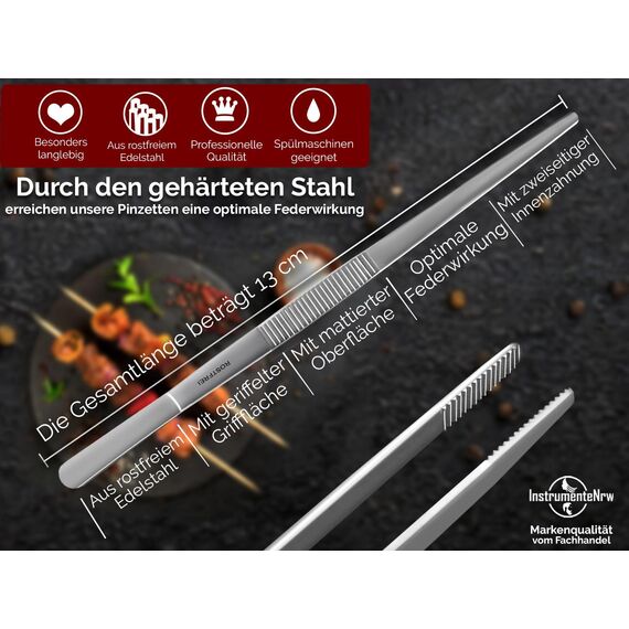 Küchenpinzette, Grillpinzette, Kochpinzette, Pinzette Edelstahl Gerade (13,0 cm)