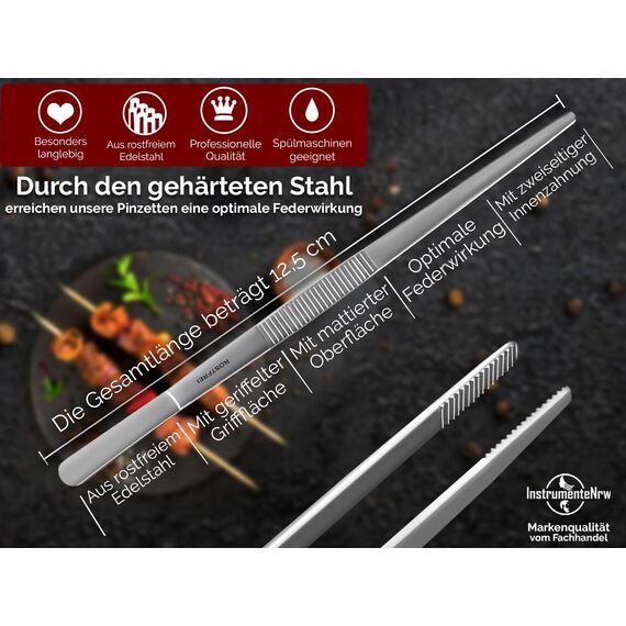Küchenpinzette, Grillpinzette, Kochpinzette, Pinzette Edelstahl Gerade (12,5 cm) Silber