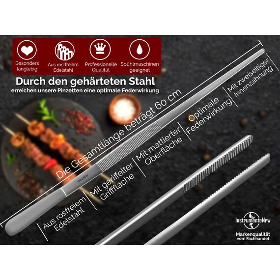 Küchenpinzette, Grillpinzette, Kochpinzette, Pinzette Edelstahl Gerade (60,0 cm) Silber