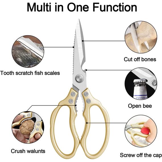 CGBE Küchenschere, Haushaltsschere aus Edelstahl, Strapazierfähig, Spülmaschinenfest, Allzweckschere, Scharfe Kochschere für Küche, Huhn, Geflügel, Fisch, Fleisch, Kräuter, Gold