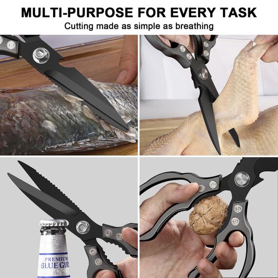 CGBE Küchenschere, Haushaltsschere aus Edelstahl, Strapazierfähig, Spülmaschinenfest, Allzweckschere, Scharfe Kochschere für Küche, Huhn, Geflügel, Fisch, Fleisch, Kräuter, Ganz Schwarz