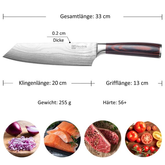 PAUDIN Santokumesser 20 cm, Japanisches Kochmesser Kiritsuke, Scharfes Küchenmesser aus Hochkohlenstoff Edelstahl, Ergonomischer Griff, Perfekt für Fleisch, Fisch & Gemüse
