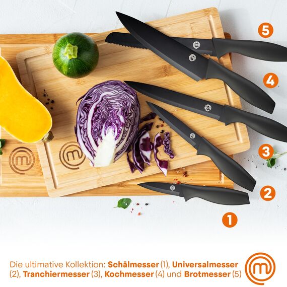 MasterChef Messerblock mit Messer, Messerset mit Block, Scharfe Messer Set mit Küchenmesser, Kochmesser, Brotmesser, Schälmesser & Allzweckmesser, Edelstahlklingen, Softgriff, 6-teilig, Schwarz