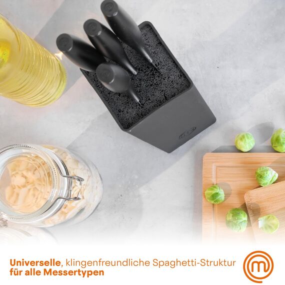 MasterChef Messerblock mit Messer, Messerset mit Block, Scharfe Messer Set mit Küchenmesser, Kochmesser, Brotmesser, Schälmesser & Allzweckmesser, Edelstahlklingen, Softgriff, 6-teilig, Schwarz