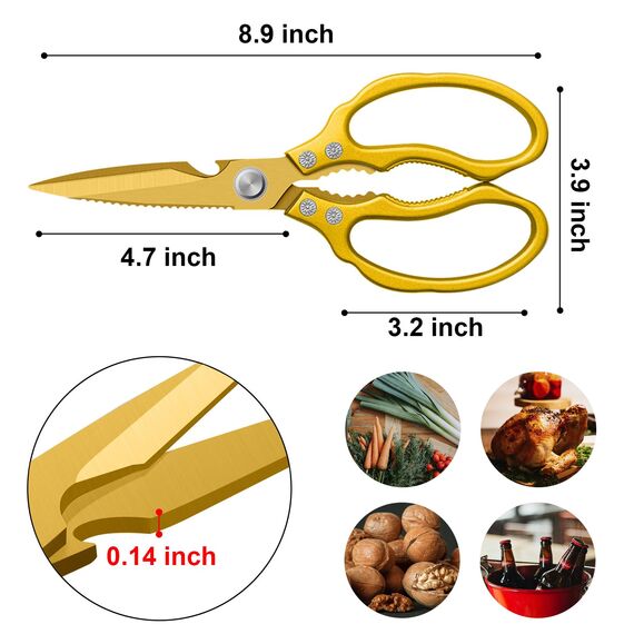 CGBE Küchenschere, Haushaltsschere aus Edelstahl, Strapazierfähig, Spülmaschinenfest, Allzweckschere, Scharfe Kochschere für Küche, Huhn, Geflügel, Fisch, Fleisch, Kräuter, Ganz Gold