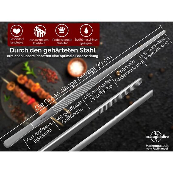 PREMIUM Grillpinzette Küchenpinzette Kochpinzette Grill-Pinzette Edelstahl Gerade (30,0 cm) Silber