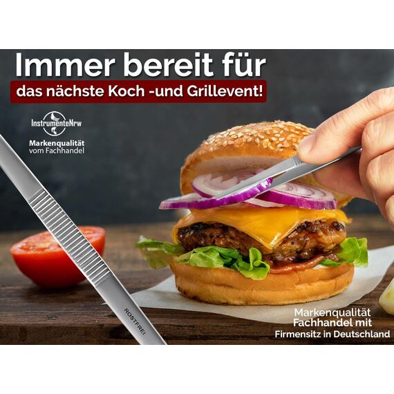 Küchenpinzette, Grillpinzette, Kochpinzette, Pinzette Edelstahl Gerade (12,5 cm) Silber