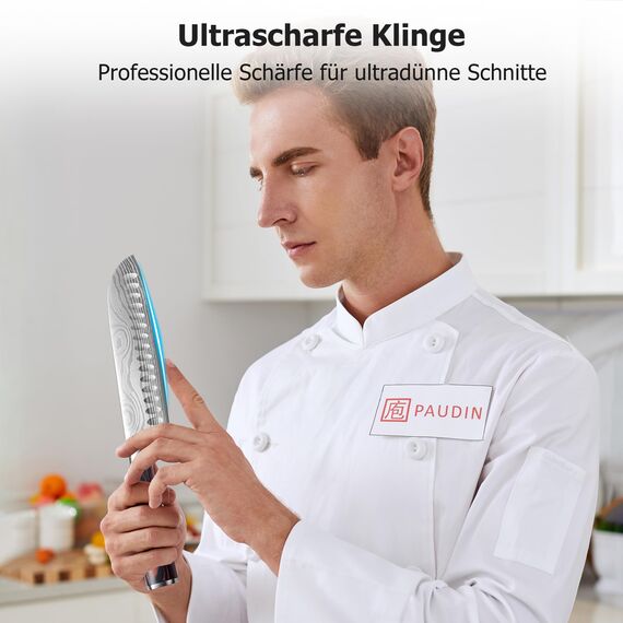 PAUDIN Santokumesser, Klingenlänge17 cm Kochmesser aus deutschem Messerstahl, Sushi Messer Küchenmesser mit ergonomischem Griff für Haus und Restaurant