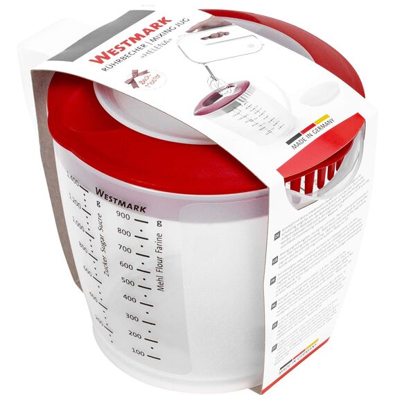 Westmark Rührbecher/Messkanne mit Spritzschutz, Deckel und Ausgießer, Kunststoff, Füllvolumen: 1,4 Liter, Helena, Transparent/Rot, 3105227R
