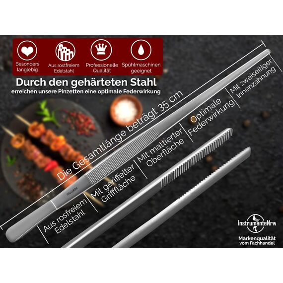 Küchenpinzette, Grillpinzette, Kochpinzette, Pinzette Edelstahl Gerade (35,0 cm) Silber