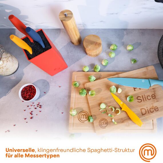 MasterChef Messerblock mit Messer, Messerset mit Block, Scharfe Messer Set mit Küchenmesser, Kochmesser, Brotmesser, Schälmesser & Allzweckmesser, Edelstahlklingen, Softgriff, 6-teilig, Mehrfarbig