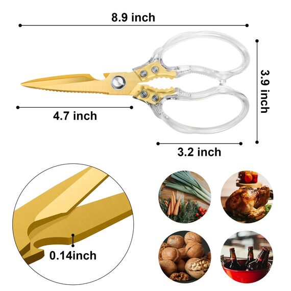 CGBE Multifunktionale Küchenschere aus Edelstahl: Scharfe Haushaltsschere für Küche - Transparenter Griff - Allzweckschere für Huhn Geflügel Fisch Fleisch Kräuter - Gold