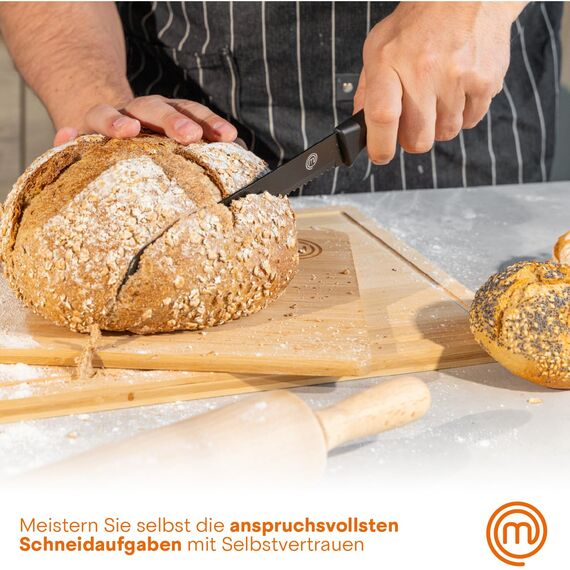 MasterChef Messerblock mit Messer, Messerset mit Block, Scharfe Messer Set mit Küchenmesser, Kochmesser, Brotmesser, Schälmesser & Allzweckmesser, Edelstahlklingen, Softgriff, 6-teilig, Schwarz