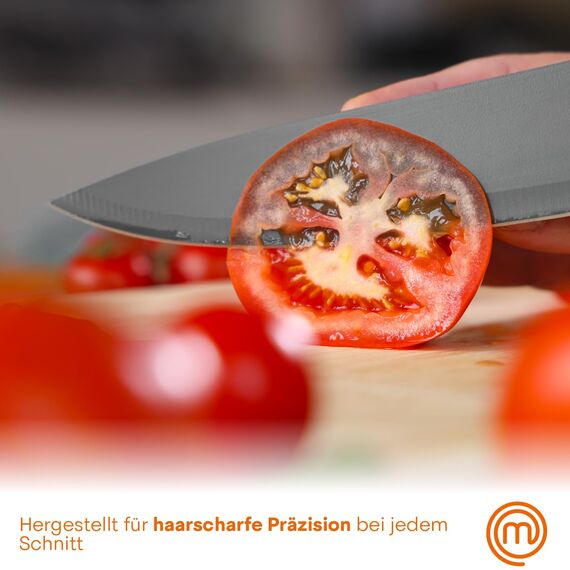 MasterChef Messerblock mit Messer, Messerset mit Block, Scharfe Messer Set mit Küchenmesser, Kochmesser, Brotmesser, Schälmesser & Allzweckmesser, Edelstahlklingen, Softgriff, 6-teilig, Schwarz