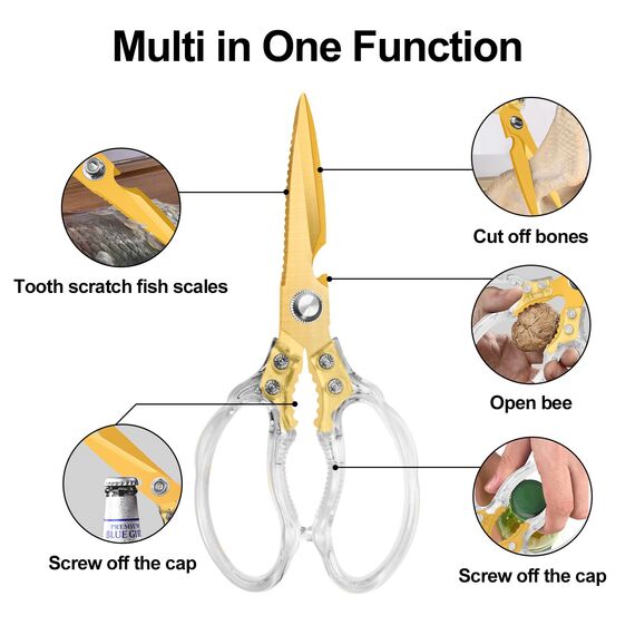 CGBE Multifunktionale Küchenschere aus Edelstahl: Scharfe Haushaltsschere für Küche - Transparenter Griff - Allzweckschere für Huhn Geflügel Fisch Fleisch Kräuter - Gold