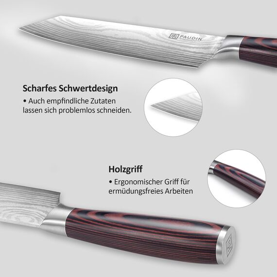 PAUDIN Santokumesser 20 cm, Japanisches Kochmesser Kiritsuke, Scharfes Küchenmesser aus Hochkohlenstoff Edelstahl, Ergonomischer Griff, Perfekt für Fleisch, Fisch & Gemüse