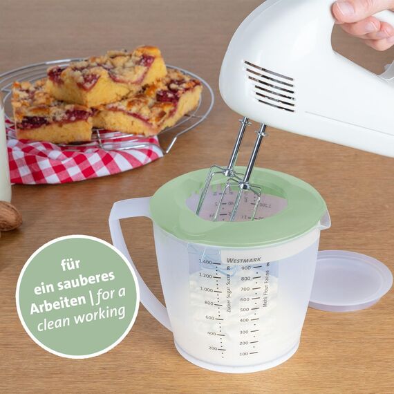 Westmark Rührbecher/Messkanne mit Spritzschutz, Deckel und Ausgießer, Kunststoff, Füllvolumen: 1,4 Liter, Helena, Transparent/Grün, 3105227M, 1 – Pack