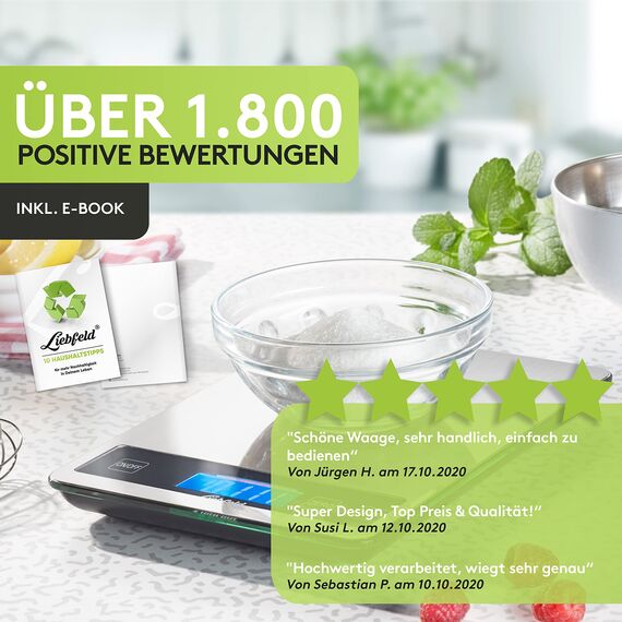 Liebfeld Küchenwaage Digital - Präzise Waage aus Edelstahl u. Glas mit großer Wiegefläche bis 15kg - Beleuchtetes Display - Digitale Küchenwaage inkl. 2 AA Batterien - Küchen Zubehör