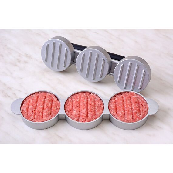 GRÄWE Hamburgerpresse für 3 Mini-Burger Patties, 3er Mini Burgerpresse aus Aluguss mit Antihaftbeschichtung & 60 Blatt Backpapier