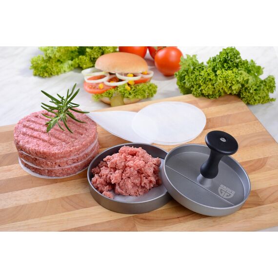 GRÄWE Burgerpresse mit 50 Blatt Backpapier, Hamburgerpresse Set aus Aluguss für leckere Hamburger, Patties, BBQ, Burger Presse mit Antihaftbeschichtung