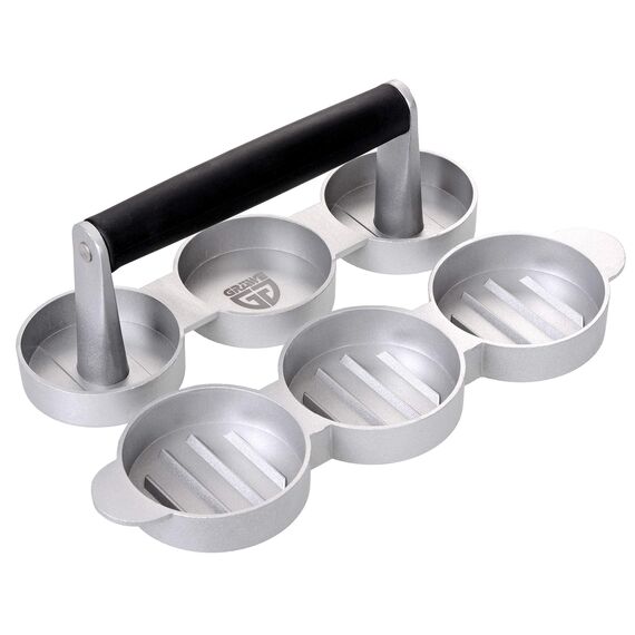 GRÄWE Hamburgerpresse für 3 Mini-Burger Patties, 3er Mini Burgerpresse aus Aluguss mit Antihaftbeschichtung & 60 Blatt Backpapier