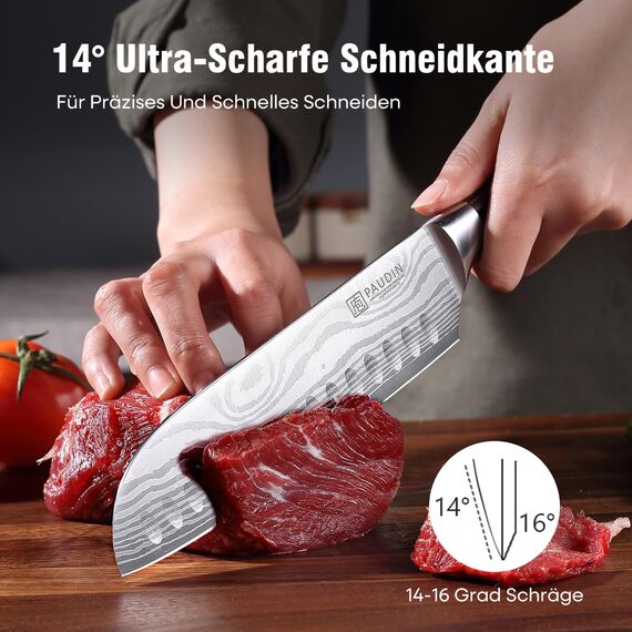 PAUDIN Santokumesser, Klingenlänge17 cm Kochmesser aus deutschem Messerstahl, Sushi Messer Küchenmesser mit ergonomischem Griff für Haus und Restaurant