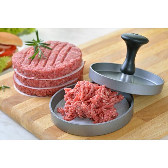 GRÄWE Burgerpresse mit 50 Blatt Backpapier, Hamburgerpresse Set aus Aluguss für leckere Hamburger, Patties, BBQ, Burger Presse mit Antihaftbeschichtung