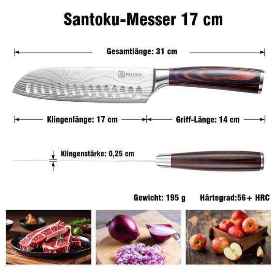 PAUDIN Santokumesser, Klingenlänge17 cm Kochmesser aus deutschem Messerstahl, Sushi Messer Küchenmesser mit ergonomischem Griff für Haus und Restaurant