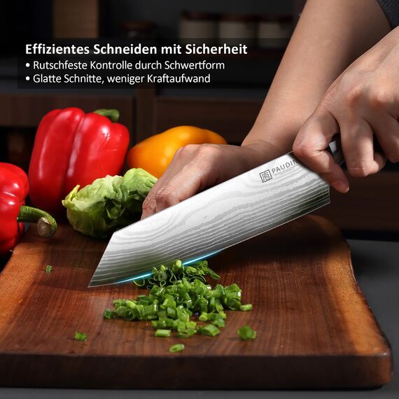 PAUDIN Santokumesser 20 cm, Japanisches Kochmesser Kiritsuke, Scharfes Küchenmesser aus Hochkohlenstoff Edelstahl, Ergonomischer Griff, Perfekt für Fleisch, Fisch & Gemüse