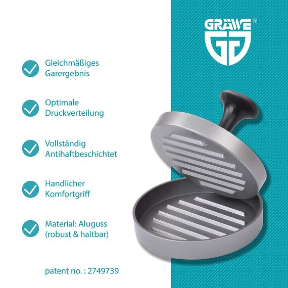 GRÄWE Burgerpresse mit 50 Blatt Backpapier, Hamburgerpresse Set aus Aluguss für leckere Hamburger, Patties, BBQ, Burger Presse mit Antihaftbeschichtung
