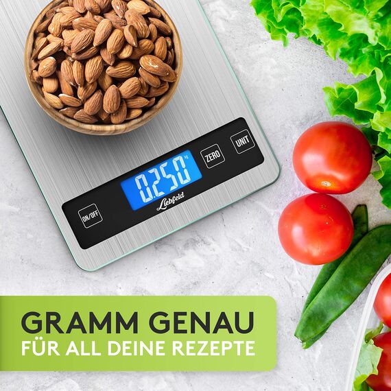 Liebfeld Küchenwaage Digital - Präzise Waage aus Edelstahl u. Glas mit großer Wiegefläche bis 15kg - Beleuchtetes Display - Digitale Küchenwaage inkl. 2 AA Batterien - Küchen Zubehör