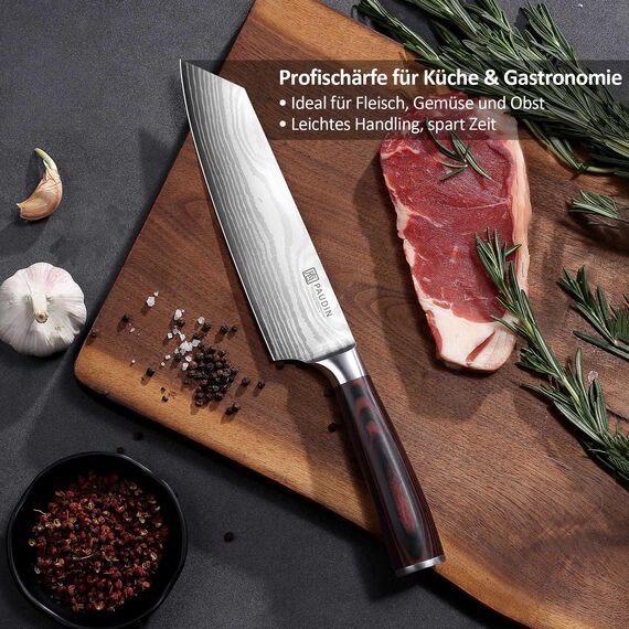 PAUDIN Santokumesser 20 cm, Japanisches Kochmesser Kiritsuke, Scharfes Küchenmesser aus Hochkohlenstoff Edelstahl, Ergonomischer Griff, Perfekt für Fleisch, Fisch & Gemüse