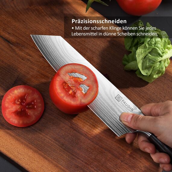 PAUDIN Santokumesser 20 cm, Japanisches Kochmesser Kiritsuke, Scharfes Küchenmesser aus Hochkohlenstoff Edelstahl, Ergonomischer Griff, Perfekt für Fleisch, Fisch & Gemüse