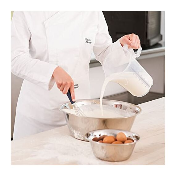 thermohauser Messbecher m. geschlossenem Griff, 3000 ml, Kunststoff PP, blaue Skala in Litern und Millilitern, Klar