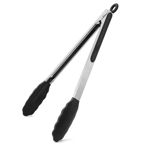 WISYOK 30cm Küchenzangen, Grillzange Hitzebeständige, Zange Küche, Kochzange mit Edelstahl und Silikonspitze, Silikonzangen, Tongs Kitchen, Fleischzange, Nudelzange zum Kochen, Grillen (Schwarz)