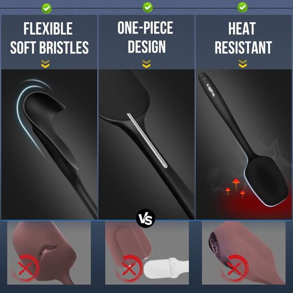 Walfos Silikon Spachtel, Hitzebeständige bis 600°F, Antihaft-Küchenbackwerkzeuge Silikon Spatel Set mit Metallkern Ideal für Kochen und Backen (5 Stück Schwarze Spatel)