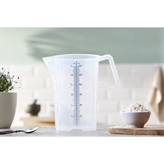 thermohauser Messbecher m. geschlossenem Griff, 3000 ml, Kunststoff PP, blaue Skala in Litern und Millilitern, Klar