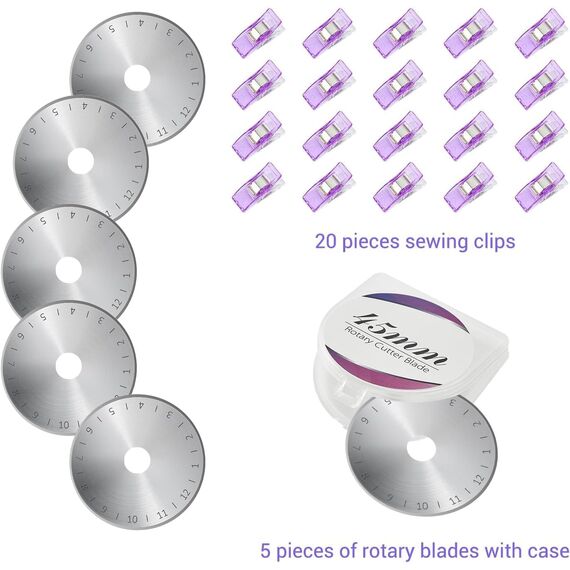 Rollschneider Set - 45mm Rollschneider Stoffschneider Set inkl. A3 Schneidematte, Ersatzklingen, Patchwork-Lineal, Stoffklammern, ideal zum Basteln, Nähen, Patchworken (Lila)