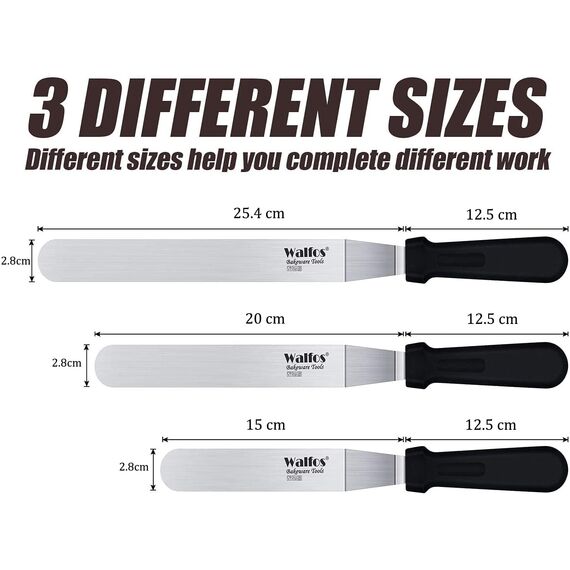 Walfos Abgewinkelter Zuckergussspatel - Edelstahl Tortenspatel Offset Tortenspatel Set zum Backen, Kunststoffgriff für einfachen Griff (15cm, 20cm, 25cm)
