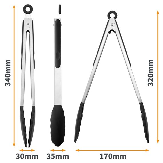 WISYOK 30cm Küchenzangen, Grillzange Hitzebeständige, Zange Küche, Kochzange mit Edelstahl und Silikonspitze, Silikonzangen, Tongs Kitchen, Fleischzange, Nudelzange zum Kochen, Grillen (Schwarz)