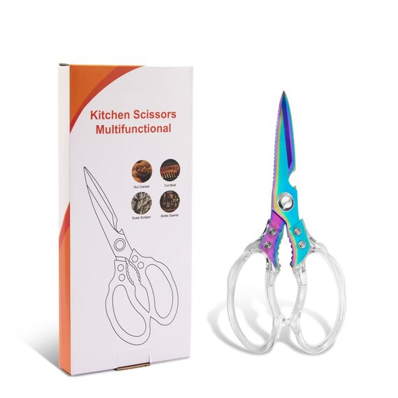 CGBE Multifunktionale Küchenschere aus Edelstahl: Scharfe Haushaltsschere für Küche - Transparenter Griff - Allzweckschere für Huhn Geflügel Fisch Fleisch Kräuter - Mehrfarbig