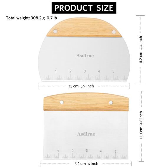 Asdirne Teigschneider, Teigschaber mit Holzgriff und lebensmittelechter Edelstahlklinge, Gebäckschaber, 15 cm, 2 Stück