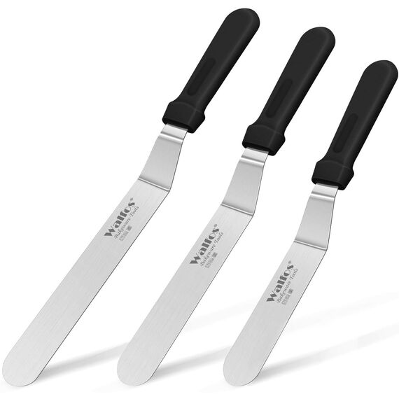 Walfos Abgewinkelter Zuckergussspatel - Edelstahl Tortenspatel Offset Tortenspatel Set zum Backen, Kunststoffgriff für einfachen Griff (15cm, 20cm, 25cm)